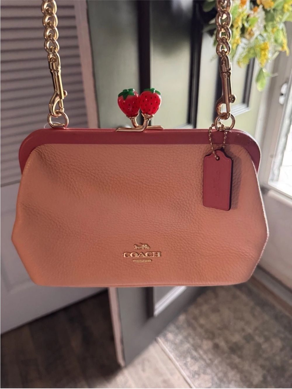 Coach Peach and Pink Leather Kiss-Lock strawberry  crossbody C8288 rare